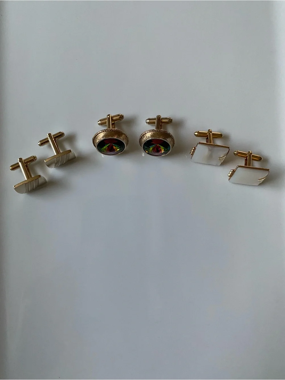 3 sets of Cuff Links. Gold tone, Dante Watermelon & Swank Mother of Pearl